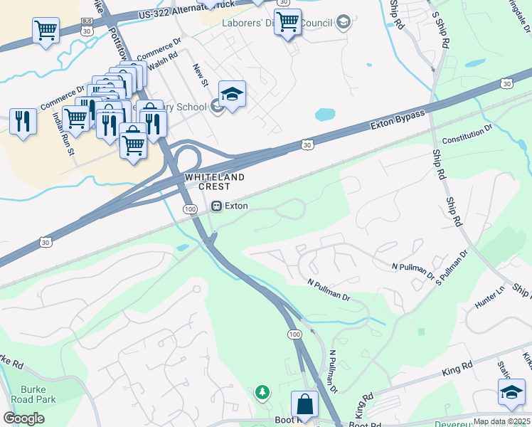 map of restaurants, bars, coffee shops, grocery stores, and more near 124 Mountain View Dr in West Chester