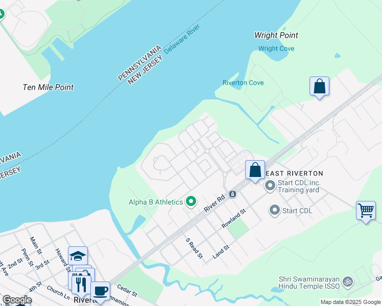 map of restaurants, bars, coffee shops, grocery stores, and more near 198 Camelot Court in Cinnaminson