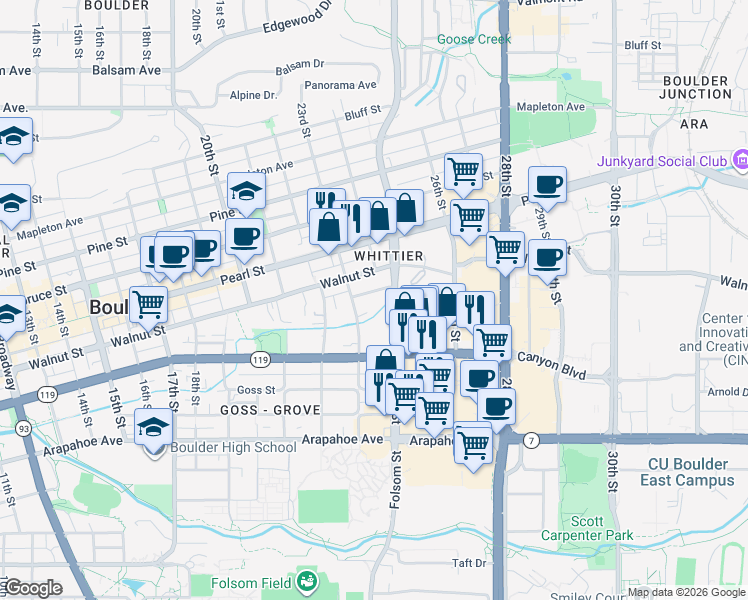 map of restaurants, bars, coffee shops, grocery stores, and more near 1833 Folsom Street in Boulder