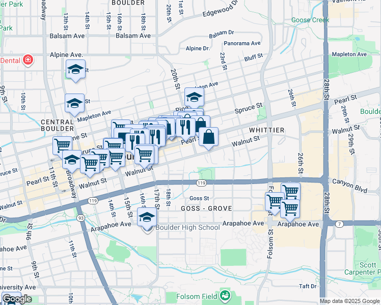map of restaurants, bars, coffee shops, grocery stores, and more near 1902 Walnut Street in Boulder
