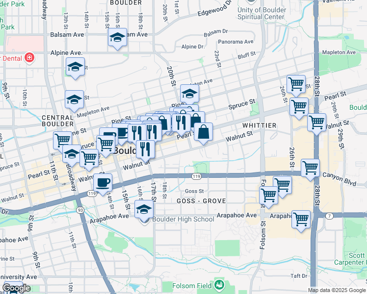 map of restaurants, bars, coffee shops, grocery stores, and more near 1902 Walnut Street in Boulder