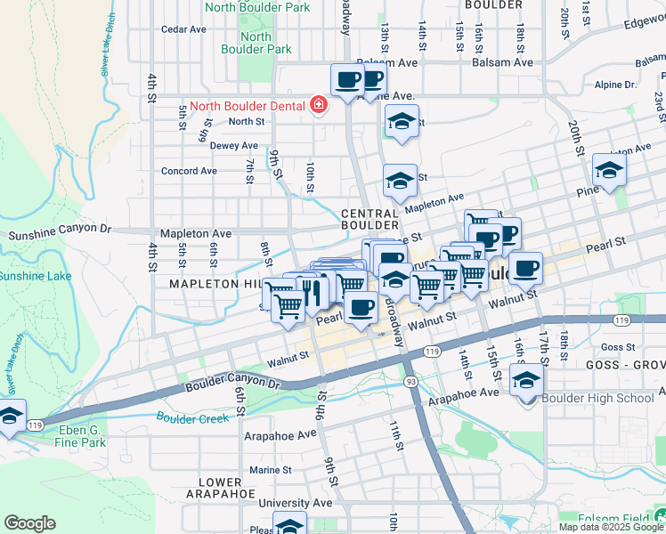 map of restaurants, bars, coffee shops, grocery stores, and more near 934 Spruce Street in Boulder