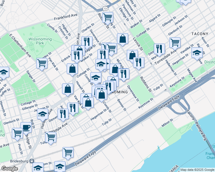 map of restaurants, bars, coffee shops, grocery stores, and more near 4627 Higbee Street in Philadelphia