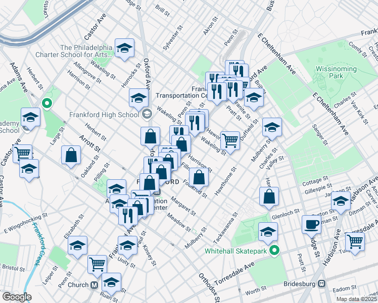 map of restaurants, bars, coffee shops, grocery stores, and more near 1628 Harrison Street in Philadelphia