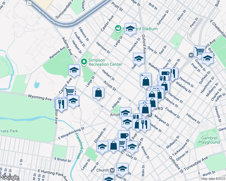 map of restaurants, bars, coffee shops, grocery stores, and more near 1218 Arrott St in Philadelphia