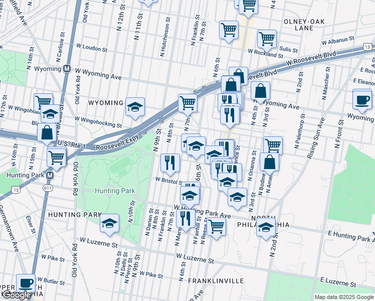 map of restaurants, bars, coffee shops, grocery stores, and more near 4424 North Marshall Street in Philadelphia