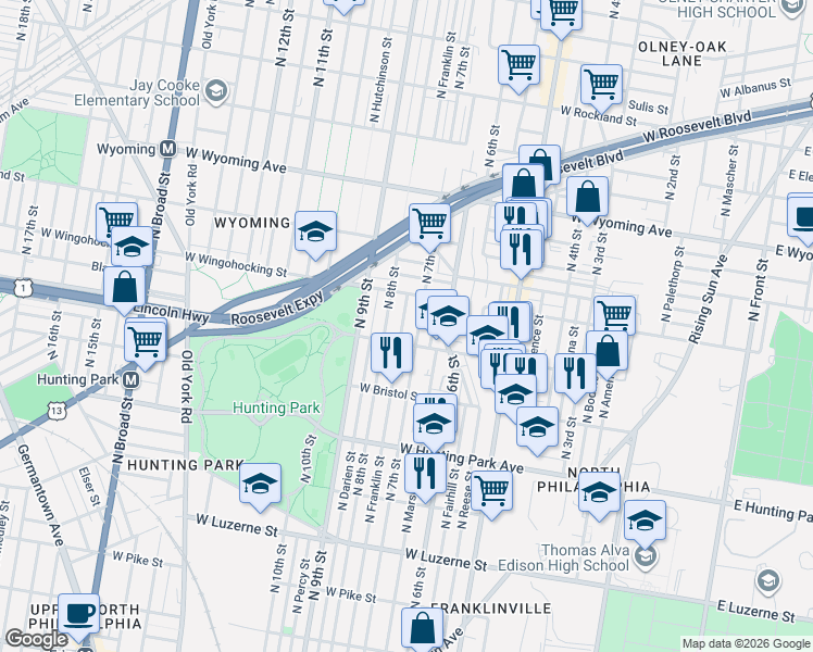 map of restaurants, bars, coffee shops, grocery stores, and more near 4361 North 7th Street in Philadelphia