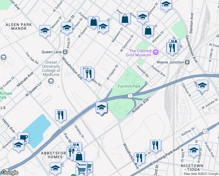 map of restaurants, bars, coffee shops, grocery stores, and more near 539 West Abbottsford Avenue in Philadelphia