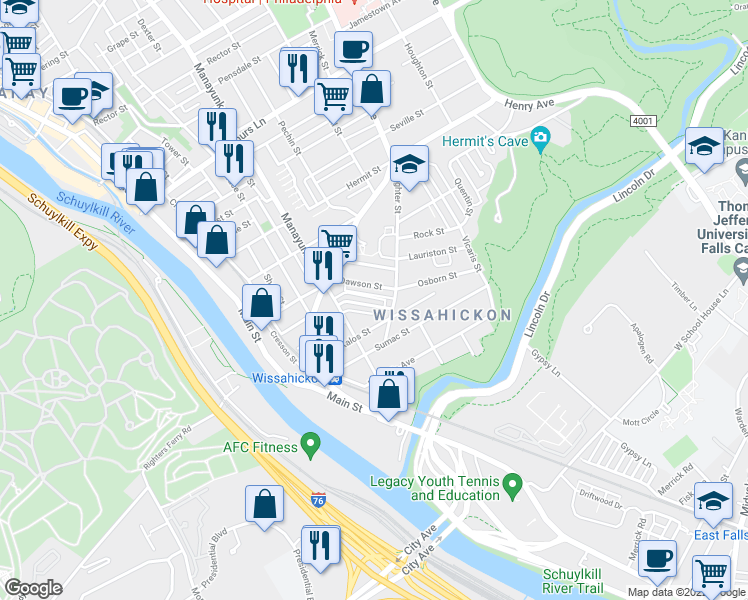 map of restaurants, bars, coffee shops, grocery stores, and more near 179 Osborn Street in Philadelphia
