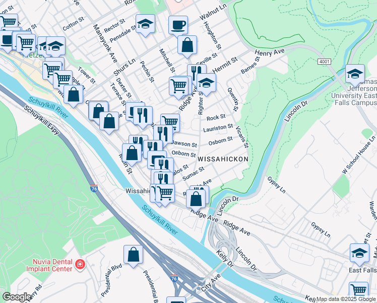 map of restaurants, bars, coffee shops, grocery stores, and more near 185 Osborn Street in Philadelphia