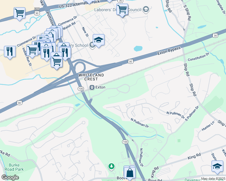 map of restaurants, bars, coffee shops, grocery stores, and more near 124 Mountain View Dr in West Chester