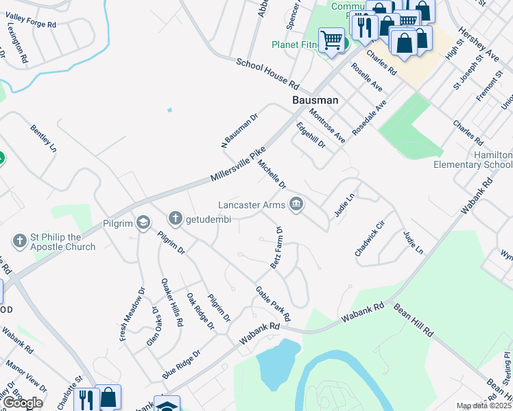 map of restaurants, bars, coffee shops, grocery stores, and more near 1713 Saint Phillips Drive in Lancaster