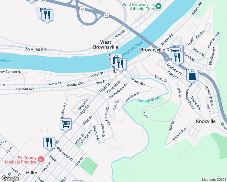 map of restaurants, bars, coffee shops, grocery stores, and more near 327 Cadwallader Street in Brownsville