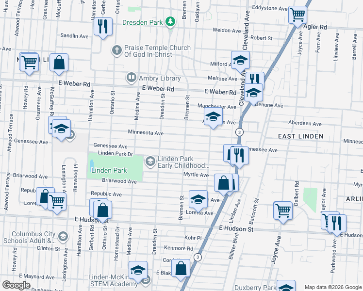 map of restaurants, bars, coffee shops, grocery stores, and more near 1541 Genessee Avenue in Columbus