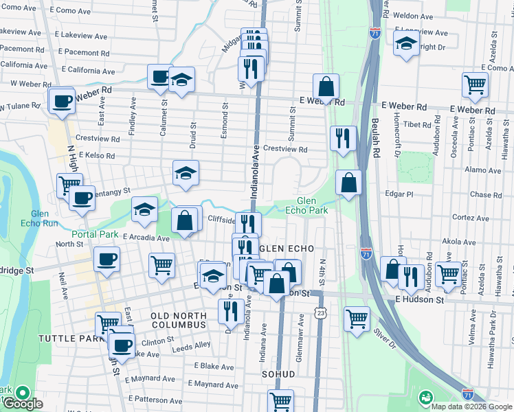 map of restaurants, bars, coffee shops, grocery stores, and more near 416 Glen Echo Circle in Columbus