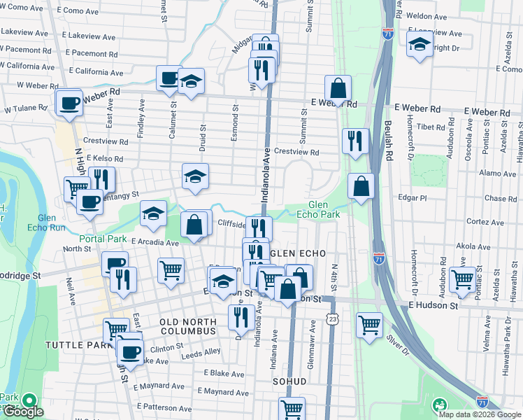 map of restaurants, bars, coffee shops, grocery stores, and more near 356 Cliffside Drive in Columbus