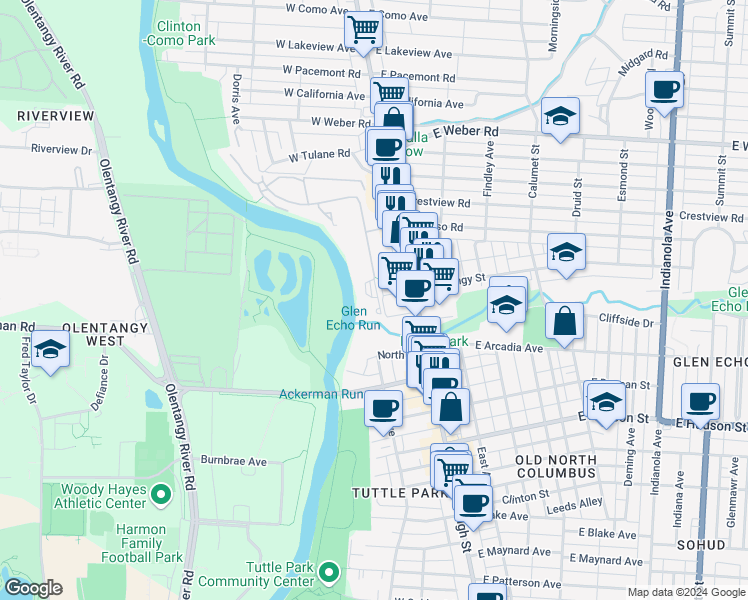 map of restaurants, bars, coffee shops, grocery stores, and more near 100 North Street in Columbus