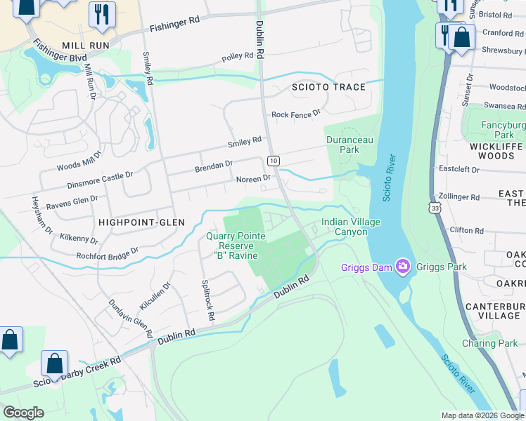 map of restaurants, bars, coffee shops, grocery stores, and more near 3248 Summerdale Lane in Hilliard