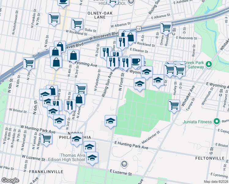 map of restaurants, bars, coffee shops, grocery stores, and more near 136 West Wingohocking Street in Philadelphia
