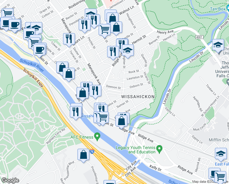 map of restaurants, bars, coffee shops, grocery stores, and more near 175 Osborn Street in Philadelphia