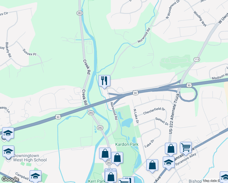 map of restaurants, bars, coffee shops, grocery stores, and more near 101 Norwood House Road in Downingtown