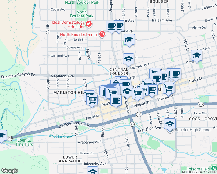 map of restaurants, bars, coffee shops, grocery stores, and more near in Boulder