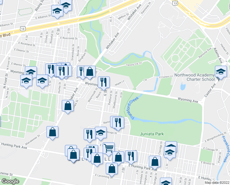 map of restaurants, bars, coffee shops, grocery stores, and more near 4614 Shelbourne Street in Philadelphia