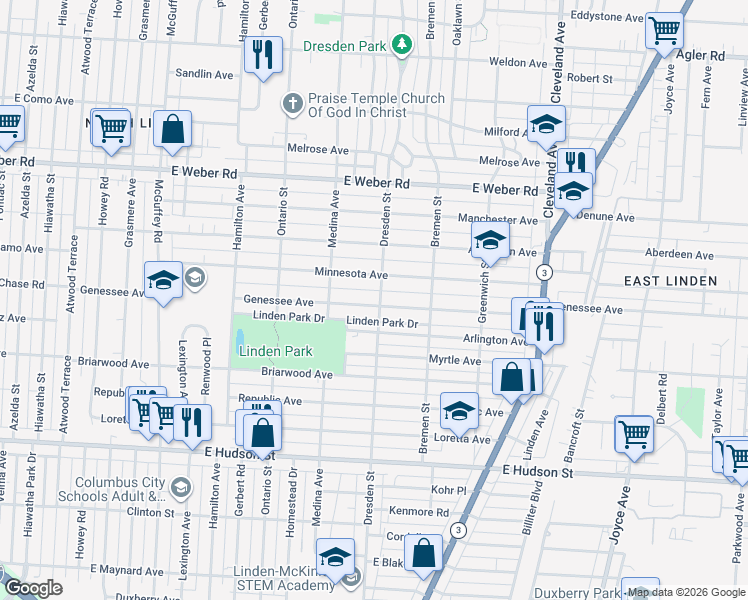 map of restaurants, bars, coffee shops, grocery stores, and more near 1426 Arlington Avenue in Columbus