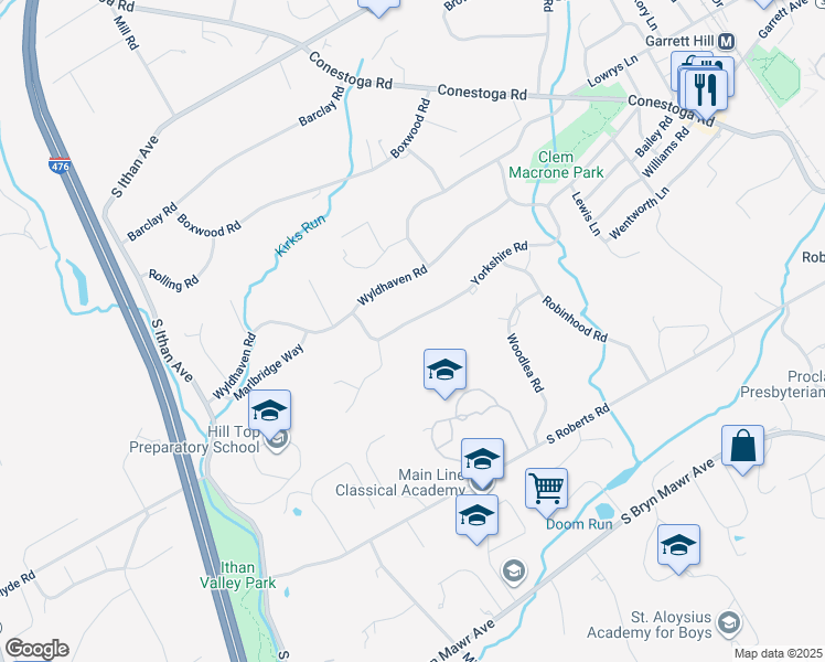 map of restaurants, bars, coffee shops, grocery stores, and more near 409 Yorkshire Road in Bryn Mawr