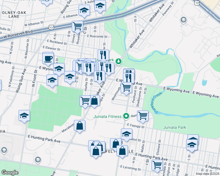 map of restaurants, bars, coffee shops, grocery stores, and more near 4573 Tampa Street in Philadelphia