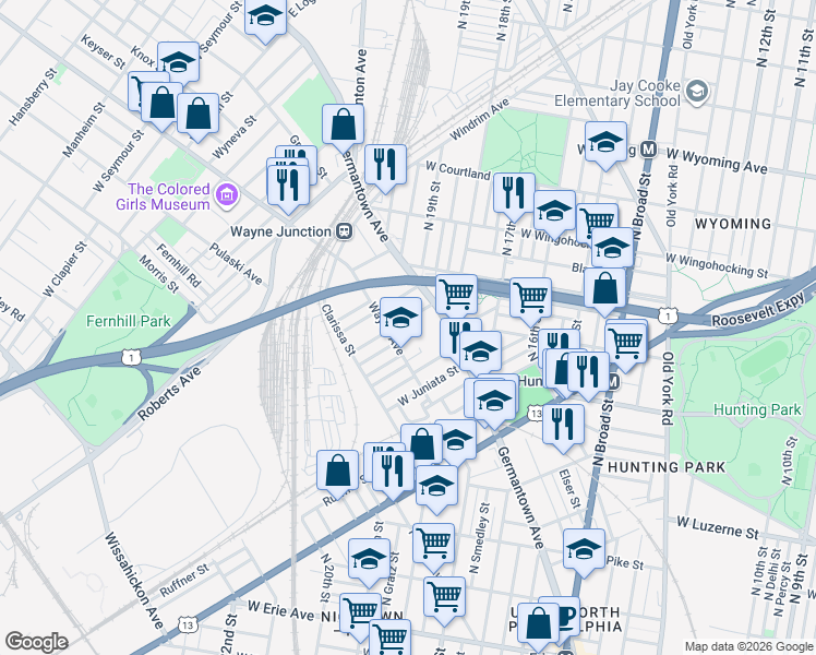 map of restaurants, bars, coffee shops, grocery stores, and more near 4301 Wayne Avenue in Philadelphia