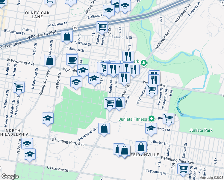 map of restaurants, bars, coffee shops, grocery stores, and more near 4607 Hurley Street in Philadelphia