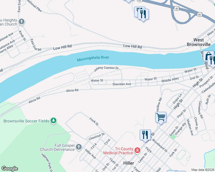 map of restaurants, bars, coffee shops, grocery stores, and more near 1403 2nd Street in Brownsville