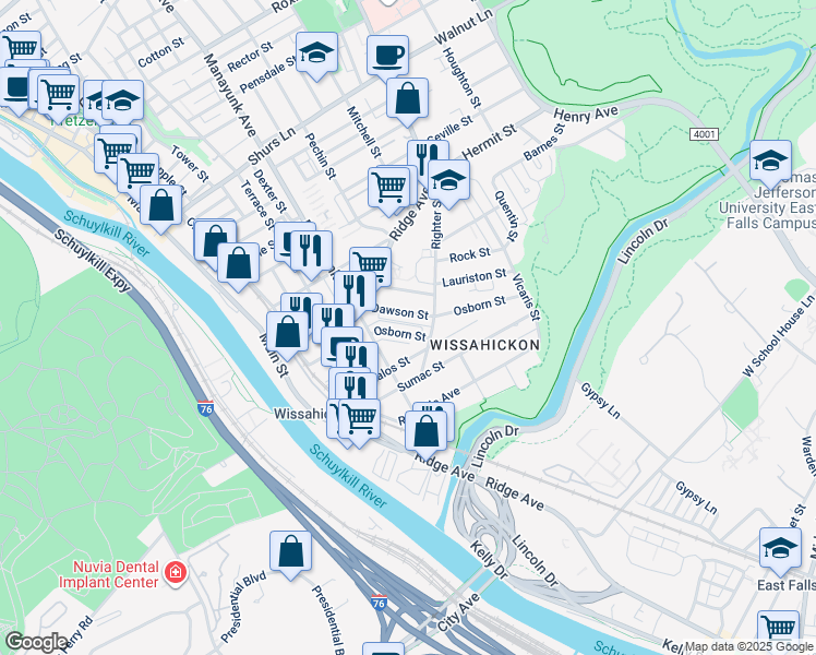 map of restaurants, bars, coffee shops, grocery stores, and more near 175 Osborn Street in Philadelphia