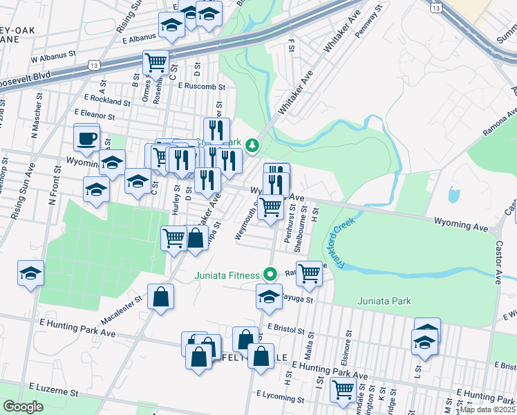 map of restaurants, bars, coffee shops, grocery stores, and more near 4635 Weymouth Street in Philadelphia
