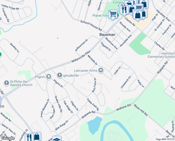 map of restaurants, bars, coffee shops, grocery stores, and more near 1713 Saint Phillips Drive in Lancaster
