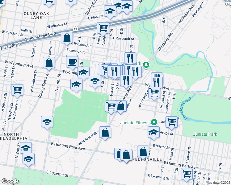 map of restaurants, bars, coffee shops, grocery stores, and more near 4549 Hurley Street in Philadelphia