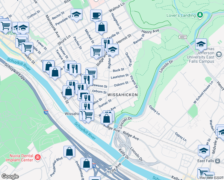map of restaurants, bars, coffee shops, grocery stores, and more near 204 Osborn Street in Philadelphia