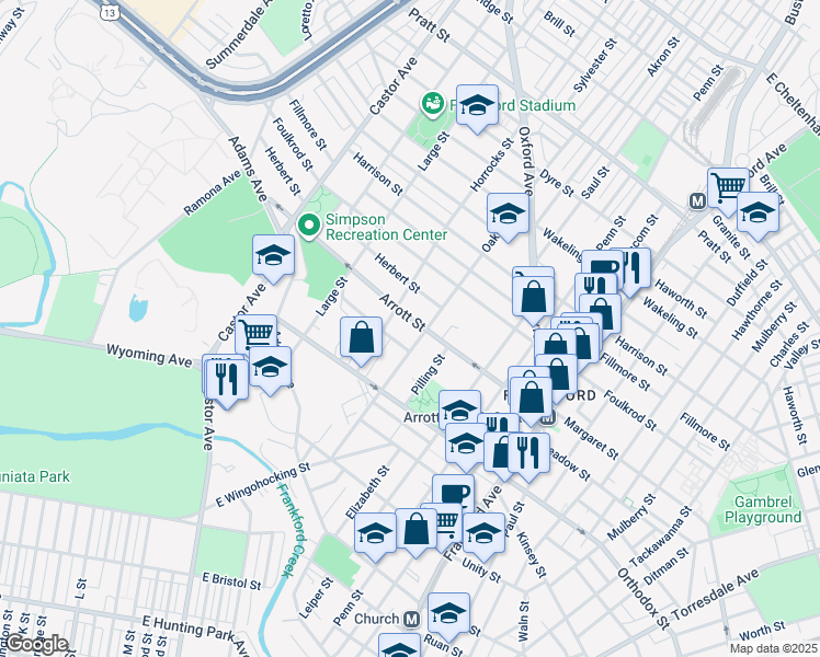 map of restaurants, bars, coffee shops, grocery stores, and more near 1216 Arrott Street in Philadelphia