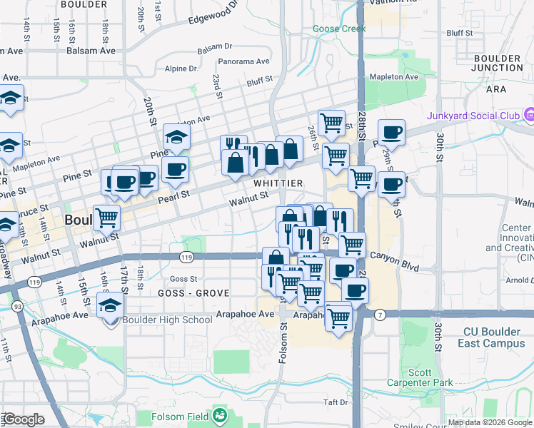map of restaurants, bars, coffee shops, grocery stores, and more near 1833 Folsom Street in Boulder