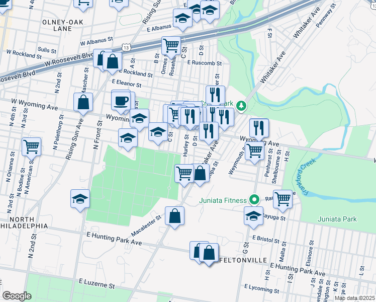map of restaurants, bars, coffee shops, grocery stores, and more near 4607 Hurley Street in Philadelphia