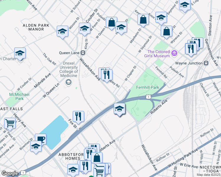 map of restaurants, bars, coffee shops, grocery stores, and more near 5025 Wissahickon Avenue in Philadelphia