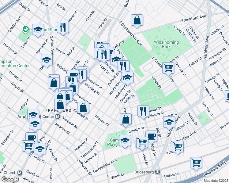 map of restaurants, bars, coffee shops, grocery stores, and more near 5051 Hawthorne Street in Philadelphia
