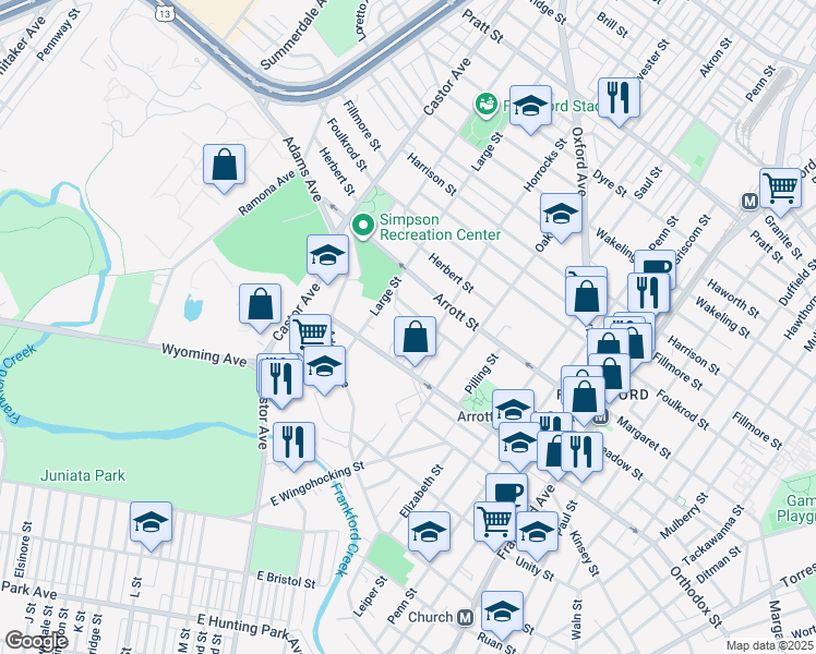 map of restaurants, bars, coffee shops, grocery stores, and more near 4642 Naples Street in Philadelphia