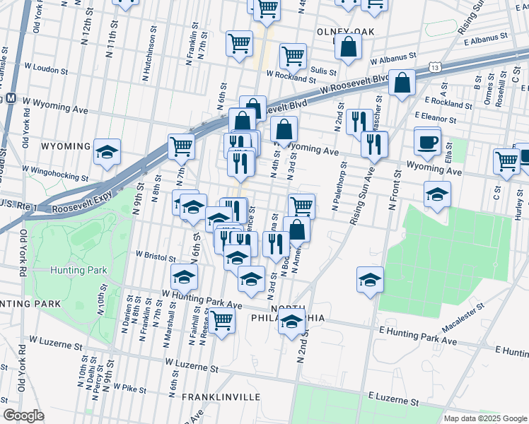 map of restaurants, bars, coffee shops, grocery stores, and more near 402 West Wingohocking Street in Philadelphia