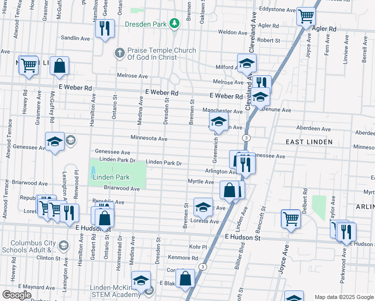 map of restaurants, bars, coffee shops, grocery stores, and more near 1554 Minnesota Avenue in Columbus