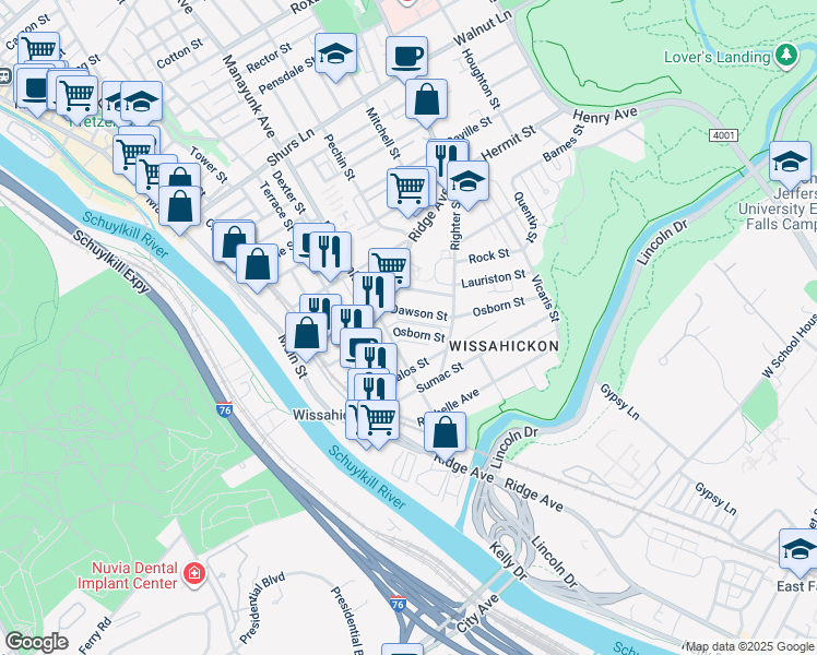 map of restaurants, bars, coffee shops, grocery stores, and more near 153 Osborn Street in Philadelphia