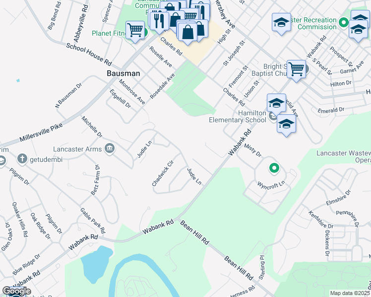 map of restaurants, bars, coffee shops, grocery stores, and more near 405 Judie Lane in Lancaster