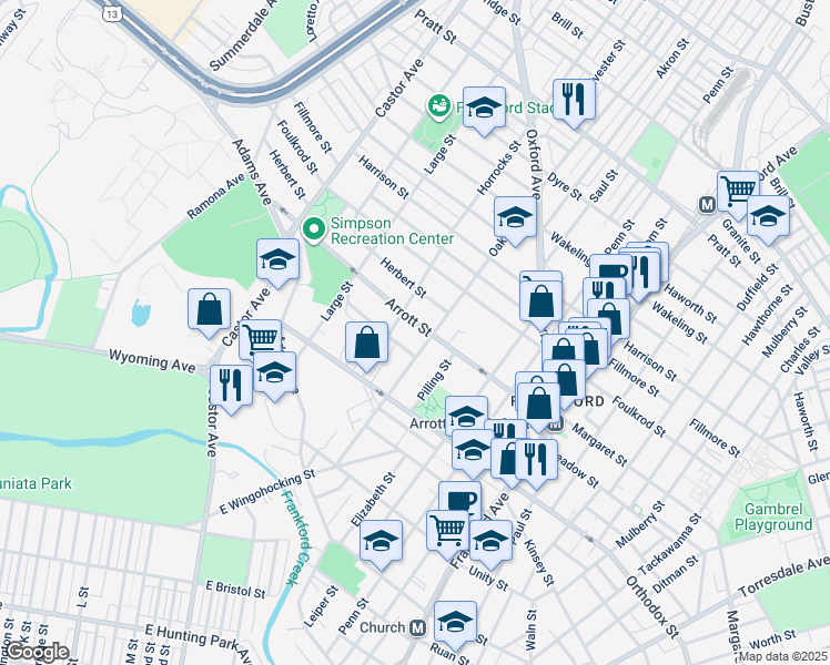 map of restaurants, bars, coffee shops, grocery stores, and more near 1216 Arrott Street in Philadelphia