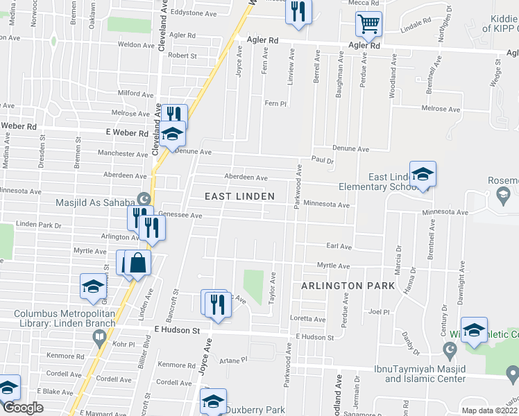 map of restaurants, bars, coffee shops, grocery stores, and more near 1961 Minnesota Avenue in Columbus
